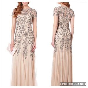 Floral Beaded Godet Gown with Sheer Short Sleeves